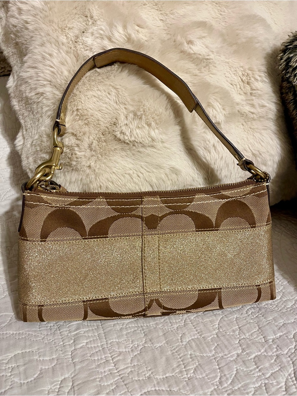 Vintage Coach Brown Signature Canvas Shoulder Bag with Metallic Gold Accents